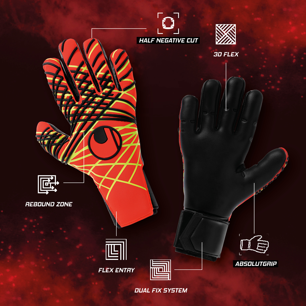 Gants De Gardien Uhlsport Comfort Absolutgrip Power Edition – Rouge Fluo/Noir – Latex Haute Adhérence